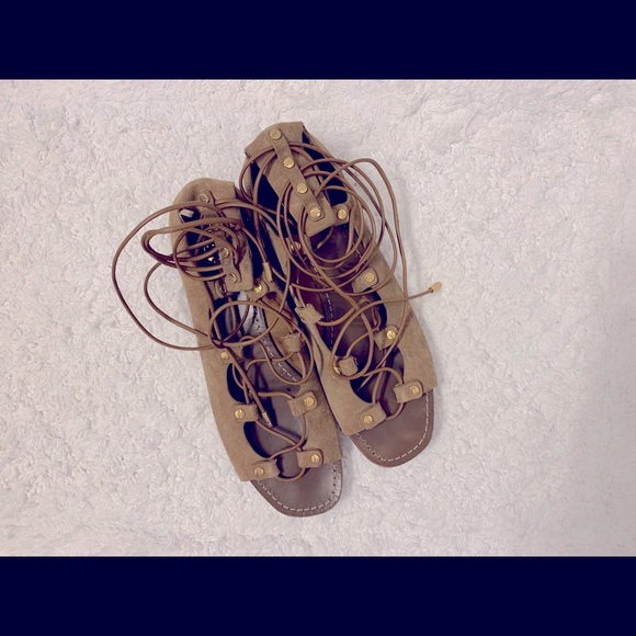 Tory Burch Suede Lace Up Peep Toe Flats - Picture 2 of 6